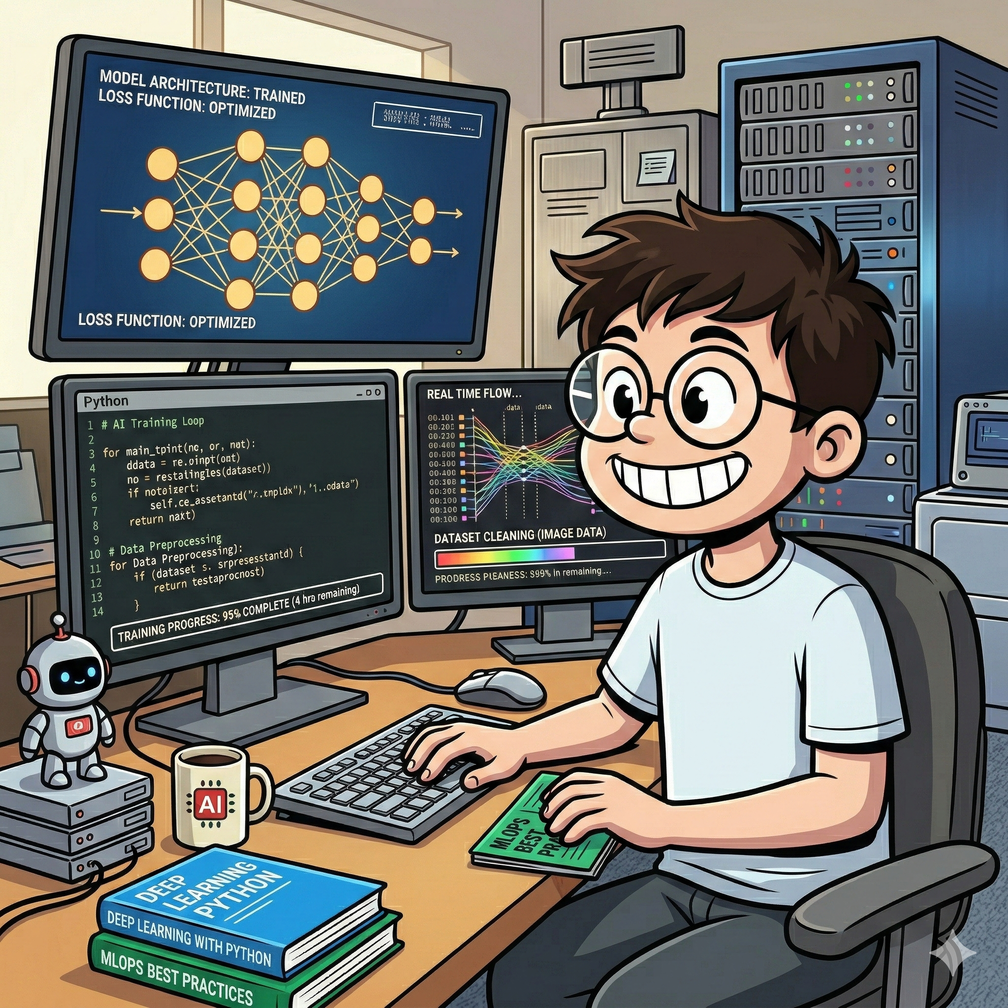 Ilustração de Bruno trabalhando com treinamento de I.A.